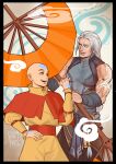  2boys aang absurdres avatar:_the_last_airbender avatar_legends bald black_border border braid braided_ponytail brown_eyes english_commentary fujin_(mortal_kombat) grey_hair hand_on_own_hip highres holding japanese_clothes long_hair long_sleeves male_focus mortal_kombat_(series) mortal_kombat_11 multiple_boys muscular muscular_male no_pupils open_mouth orange_pants orange_shirt pants power_connection shirt signature tattoo tazahan teeth upper_teeth_only white_eyes wind 