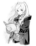  1girl book closed_mouth coat commentary_request fire_emblem fire_emblem_awakening greyscale highres holding holding_book kitano_ririo long_hair long_sleeves looking_at_viewer monochrome open_book robin_(female)_(fire_emblem) robin_(fire_emblem) smile solo twintails upper_body wide_sleeves 