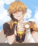  1boy aether_(genshin_impact) ahoge arm_armor armor artist_name blonde_hair blue_sky blush braid brown_gloves brown_shirt closed_mouth cloud cloudy_sky earrings genshin_impact gloves hair_between_eyes hand_on_own_face hand_up highres jewelry liann1009 lips long_hair looking_at_viewer male_focus outdoors scarf shirt short_sleeves shoulder_armor single_earring sitting sky smile solo table white_scarf yellow_eyes 