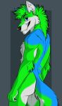  2018 5_fingers anthro black_nose blue_eyes blue_fur butt canid canine canis digital_media_(artwork) fangs flash_adalwolf fur green_fur green_hair hair hi_res looking_at_viewer looking_back male mammal multicolored_fur muscular muscular_male nude patrikthedog pinup pose simple_background smile solo standing white_fur 