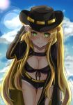  1girl azur_lane bangs belt blonde_hair breasts cape chushou_wang cleavage commentary_request cowboy_hat eyebrows_visible_through_hair front-tie_top green_eyes hat highres hornet_(azur_lane) large_breasts long_hair navel short_shorts shorts solo twintails very_long_hair 