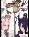  1girl 2boys bird black_coat black_hair blush coat facial_mark forehead_mark from_above green_eyes grey_eyes hair_over_one_eye hair_slicked_back hand_to_own_mouth hand_up haruno_sakura hawk highres holding holding_paper itachi3413 long_sleeves multiple_boys naruto_(series) outdoors paper parted_bangs pink_hair reading short_hair smile snow uchiha_sasuke uzumaki_naruto white_coat winter 