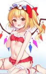 1girl :d bare_arms barefoot between_legs bikini blonde_hair blush bow bridal_garter collarbone colored_eyelashes commentary_request corrupted_twitter_file crystal fang flandre_scarlet flat_chest frilled_bikini frilled_wrist_cuffs frills gradient_background hair_between_eyes hair_bow hand_between_legs hand_on_own_chest hand_up happy hat heart highres leg_ribbon light_blue_background looking_at_viewer medium_hair midriff mob_cap navel open_mouth orange_eyes red_bikini red_bow red_ribbon ribbon shirotsuki_shirone side_ponytail simple_background sitting skin_fang smile solo stomach swimsuit touhou tsurime wariza white_background white_hat wings wrist_cuffs 