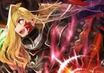  1girl :d absurdres armor armored_bodysuit black_armor black_bodysuit black_gloves black_horns blonde_hair bodysuit chalos dragon_horns facial_mark fangs fate/grand_order fate_(series) gloves hair_over_one_eye highres horns long_hair long_horns nero_claudius_(fate) pointy_ears queen_draco_(fate) queen_draco_(third_ascension)_(fate) red_eyes red_scales shoulder_plates smile solo wavy_hair 