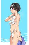  1girl absurdres bikini black_hair blue_eyes blush breasts commentary_request from_side glasses highres looking_to_the_side medium_breasts navel original paid_reward_available profile puckered_lips shiwasu_no_okina short_hair solo swimsuit white_bikini 