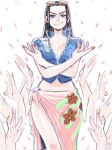  1girl 2021 black_hair blue_eyes blue_jacket commentary cowboy_shot cropped_jacket crossed_arms extra_arms eymbee facing_viewer highres jacket looking_up nico_robin one_piece petals pink_sarong sarong sidelocks smile solo twitter_username zipper 