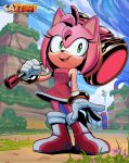 5_fingers amy_rose anthro boots breasts clothing cloud day detailed_background eulipotyphlan female fingers flower footwear gloves grass green_eyes hammer handwear hedgehog hi_res mammal mountain open_mouth open_smile piko_piko_hammer plant satierf sega signature smile solo sonic_the_hedgehog_(series) tools