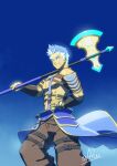  1boy abs axe baggy_pants bara belt blue_background blue_hair chest_harness crave_saga cross_scar from_below gradient_background hand_on_own_thigh harness highres holding holding_axe large_pectorals light_blue_hair looking_at_viewer male_focus multicolored_hair multiple_belts muscular muscular_male nipples noctiluca_(crave_saga) over_shoulder pants pectorals scar scar_on_face short_hair signature simple_background solo strap thick_eyebrows vambraces waku_(ayamix) weapon weapon_over_shoulder white_hair 