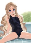  1girl 2l_(2lsize) arm_support blonde_hair blue_eyes braid breasts eyelashes glasses highres lily_(2l) long_hair one-piece_swimsuit original poolside small_breasts spread_legs swimsuit thick_eyebrows wavy_hair 