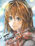  1girl anezaki_mamori badge blue_eyes blush brown_hair button_badge closed_mouth dated eyeshield_21 hair_between_eyes happy_birthday highres looking_at_viewer portrait red_scarf scarf short_hair smile snowing solo ueda-pix 