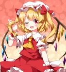  1girl ascot blonde_hair flandre_scarlet frilled_skirt frills gradient_background hat highres looking_at_viewer mob_cap one_eye_closed open_mouth puffy_short_sleeves puffy_sleeves red_eyes red_vest ruu_(tksymkw) short_sleeves skirt smile solo touhou twintails vest wings yellow_ascot 