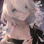  1girl black_shirt blue_eyes close-up commentary_request flat_chest flower hair_between_eyes highres io_(io_oekaki) lily_(flower) long_hair looking_at_viewer off_shoulder official_art original parted_lips shirt single_bare_shoulder sky solo star_(sky) starry_sky tearing_up white_flower white_hair 