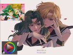  2girls art_program_in_frame bishoujo_senshi_sailor_moon black_sailor_collar blonde_hair blue_eyes falling_petals gloves green_hair grey_background hand_on_another&#039;s_arm hand_on_another&#039;s_face highres kaiou_michiru long_hair looking_at_viewer miix777 multiple_girls parted_lips petals reference_inset sailor_collar screenshot_inset shirt short_hair short_sleeves ten&#039;ou_haruka tiara translation_request upper_body white_gloves white_shirt yuri 