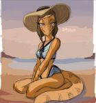 2024 anthro beach bedroom_eyes bianca_(bybuckett) bikini breasts brown_body brown_eyes brown_scales bybuckett cavemanon_studios clothing detailed_background digital_drawing_(artwork) digital_media_(artwork) dinosaur eyelashes fan_character female grey_eyes hat headgear headwear kneeling long_tail looking_at_viewer narrowed_eyes outside reptile scales scalie sea seaside seductive smile snoot_game snout solo sun_hat swimwear tail water