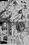  1girl :o blush bouncing_breasts breasts closed_eyes collarbone comic comic_kairakuten_beast greyscale head_tilt highres medium_breasts monochrome motion_lines nipples nose_blush nude open_mouth sameda_koban short_hair talking translation_request wince 