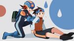  2boys 3suisousui bag black_shorts blue_bodysuit blue_footwear blue_headband blue_helmet bodysuit boots brothers brown_eyes brown_hair emblem green_eyes headband helmet highres lan_hikari_(mega_man) male_focus mega_man_(series) mega_man_battle_network_(series) megaman.exe multiple_boys netnavi orange_vest school_bag shirt short_hair shorts siblings spiked_hair vest white_shirt 