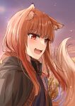  1girl :d animal_ear_fluff animal_ears black_cloak blush brown_eyes chocho_(homelessfox) cloak close-up cloud commentary_request dress dusk fang hair_over_shoulder holo hood hood_down korean_commentary long_hair looking_ahead loose_hair_strand open_mouth outdoors purple_dress purple_sky skin_fang sky smile solo spice_and_wolf star_(sky) tail tree upper_body wolf_ears wolf_girl wolf_tail 
