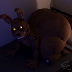 4_fingers animatronic anthro barely_visible_genitalia bedroom big_butt big_ears brown_body butt canid canine canis darkspite domestic_dog fetch_(fnaf) fingers five_nights_at_freddy&#039;s genitals glowing glowing_eyes hi_res huge_butt humanoid looking_at_viewer looking_up machine male mammal metal orange_eyes robot scottgames sharp_teeth simple_background solo teeth
