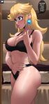  1girl absurdres ass bare_arms bare_shoulders black_bra blonde_hair blue_eyes blush bra breasts cleavage commentary earrings echo_saber english_text feet_out_of_frame groin hand_on_own_hip highres jewelry large_breasts mario_(series) mirror open_mouth pink_lips princess_peach solo standing super_mario_bros._1 thick_thighs thighs underwear underwear_only 