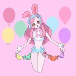  1girl :d animal_ears ayase_naru balloon blue_bra blue_panties bra brown_eyes bunny_day commentary_request cropped_legs fake_animal_ears highres long_hair looking_at_viewer navel nyaasechan object_on_head open_mouth panties panties_day panties_on_head pink_background pink_hair pretty_rhythm pretty_rhythm_rainbow_live pretty_series rabbit_ears smile solo standing string_of_flags underwear underwear_only wrist_cuffs 