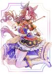  1girl animal_ears boots bow brown_hair dress ear_covers frilled_skirt frills full_body gloves hair_ornament highres himawari_himuka holding holding_instrument holding_violin horse_ears horse_girl horse_tail instrument long_hair looking_at_viewer multicolored_hair one_eye_closed open_mouth purple_eyes purple_skirt single_ear_cover skirt smile solo sounds_of_earth_(umamusume) tail umamusume violin white_footwear white_gloves white_hair 