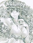  1girl anezaki_mamori arm_up armpits bare_shoulders breasts cleavage closed_mouth dress eyeshield_21 floral_background flower_wreath hand_on_own_chest highres long_hair looking_at_viewer monochrome smile solo strapless strapless_dress ueda-pix upper_body 
