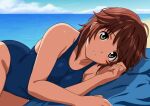  1girl amagami beach blue_one-piece_swimsuit blue_sky breasts brown_eyes brown_hair cloud day horizon lying medium_breasts new_school_swimsuit ocean on_side one-piece_swimsuit outdoors parted_lips sakurai_rihoko school_swimsuit short_hair sky smile solo swimsuit yuuyuu_(3jjbn) 