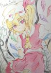  1girl ascot blonde_hair character_name closed_mouth collared_shirt colored_pencil_(medium) cowboy_shot crystal flandre_scarlet frilled_skirt frills hat hat_ribbon highres holding holding_polearm holding_weapon laevatein_(touhou) looking_at_viewer medium_hair mob_cap multicolored_wings one_side_up polearm puffy_short_sleeves puffy_sleeves red_eyes red_ribbon red_skirt red_vest ribbon ribbon-trimmed_headwear ribbon_trim shikishi shiromamekei shirt short_sleeves skirt skirt_set solo touhou traditional_media vest weapon white_hat white_shirt wings yellow_ascot 