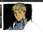  1boy armor art_program_in_frame blonde_hair blush closed_mouth dungeon_meshi fishy_(suhshie) highres laios_touden looking_at_viewer male_focus plate_armor portrait screenshot short_hair sketch solo three_quarter_view 