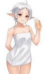  1girl bottle elf grey_hair highres holding holding_bottle looking_at_viewer mushoku_tensei orange_eyes pointy_ears simple_background solo syagare sylphiette_(mushoku_tensei) towel white_background 