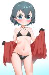  1girl absurdres bikini black_bikini black_gloves blue_eyes chis_(js60216) commentary_request contrapposto feet_out_of_frame flat_chest gloves gradient_background grey_hair highres kaban_(kemono_friends) kemono_friends open_towel red_towel short_hair solo standing swimsuit white_background 