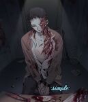  1boy black_background black_hair black_pants blood blood_on_chest blood_on_clothes blood_on_face blood_on_hands bound bound_wrists brown_coat chair closed_mouth coat collared_coat collared_shirt commission cuts door english_commentary guro highres indoors injury long_sleeves male_focus one_eye_closed open_clothes open_shirt original pants pliers pool_of_blood saw shirt short_hair sitting solo spotlight table tooth torture trash_can very_short_hair yulei_yuuuuu 