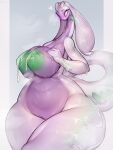 anthro big_breasts breasts dragon female generation_6_pokemon goodra hi_res huge_breasts mythological_creature mythological_scalie mythology nintendo nipples non-mammal_breasts onm11 pokemon pokemon_(species) purple_body scales scalie simple_background slime solo tail thick_thighs white_body wide_hips