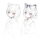  1girl :o animal_ears bow braid capriccio cat_ears commentary_request grey_eyes hair_between_eyes hair_bow japanese_clothes kimono multiple_views original parted_lips simple_background sketch white_background 