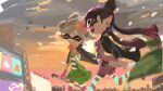  2girls :d ^_^ arm_at_side black_hair black_jacket bow-shaped_hair callie_(splatoon) clenched_hands closed_eyes closed_umbrella cloud cloudy_sky commentary_request cowboy_shot dress earrings fangs garryaoki gloves gradient_hair green_dress grey_hair grin hand_to_own_mouth highres holding holding_umbrella hoop_earrings inkling jacket jacket_on_shoulders jewelry jumpsuit laughing long_hair marie_(splatoon) mole mole_under_eye multicolored_hair multiple_girls official_alternate_costume official_style open_mouth pantyhose pink_gloves pink_hair pink_jumpsuit pink_pantyhose pointy_ears short_hair short_jumpsuit sky smile splatoon_(series) splatoon_3 strapless strapless_dress striped_clothes striped_pantyhose swept_bangs tentacle_hair twintails two-tone_hair umbrella 