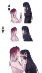  2girls black_choker black_coat black_hair black_ribbon blush chinese_commentary choker closed_eyes closed_mouth coat commentary_request earrings from_side gradient_hair grey_eyes heart height_difference highres jewelry kiss kissing_forehead long_hair long_sleeves miix777 multicolored_hair multiple_girls parted_lips path_to_nowhere profile rahu_(path_to_nowhere) red_hair ribbon scar scar_across_eye shalom_(path_to_nowhere) simple_background smile white_background white_hair wrist_wrap yuri 