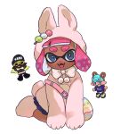  1girl 2boys :p aki_(gsl_9708) animal_costume bow bowtie commentary_request dango dark-skinned_female dark_skin dot_nose egg food grey_eyes ikki_(gsl_9708) inkling inkling_boy inkling_girl inkling_player_character korean_commentary looking_at_viewer medium_hair multiple_boys octoling octoling_boy octoling_player_character open_mouth pink_hair rabbit_costume short_eyebrows simple_background smile splatoon_(series) teeth tentacle_hair thick_eyebrows tongue tongue_out wagashi white_background white_bow white_bowtie 