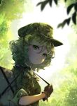  1girl backpack bag breasts brown_gloves closed_mouth commentary_request curly_hair day flat_cap forest gloves green_eyes green_hair green_hat green_jacket hat highres jacket looking_at_viewer looking_back nature outdoors short_hair skirt sleeves_rolled_up small_breasts solo tami_(joemanyodw) touhou upper_body yamashiro_takane 