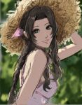  1girl aerith_gainsborough art_study bare_shoulders blurry blurry_background braid braided_ponytail breasts brown_hair dress final_fantasy final_fantasy_vii final_fantasy_vii_rebirth final_fantasy_vii_remake green_eyes hair_ribbon hat highres holding holding_clothes holding_hat kivavis looking_at_viewer medium_breasts outdoors parted_bangs parted_lips pink_dress pink_ribbon ribbon sidelocks single_braid sketch sleeveless sleeveless_dress smile solo straw_hat sun_hat upper_body wavy_hair 