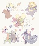  1other 5girls 6+boys alternate_color apple armaldo bidoof celebi closed_eyes covering_another&#039;s_eyes dusknoir fairy_wings flower food fruit gardevoir gears grovyle half-closed_eyes highres hug igglybuff jirachi lopunny loudred medicham multiple_boys multiple_girls one_eye_closed petals pokemon pokemon_mystery_dungeon pokemon_mystery_dungeon:_explorers_of_time/darkness/sky red_scarf riding scarf seed shiny_pokemon sitting smile sunflora treasure_chest white_background wings yurano_(upao) 