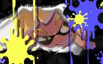  1girl agent_3_(splatoon_3) blonde_hair eyebrow_cut grin highres inkling inkling_girl inkling_player_character koike3582 looking_at_viewer paint_splatter sharp_teeth smile solo splatoon_(series) splatoon_3 teeth tentacle_hair uneven_eyes yellow_eyes 