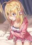  1girl :o bangs bed blonde_hair blue_eyes blush braid breasts cleavage curtains embarrassed hair_ornament highres hood hoodie indoors long_hair long_sleeves looking_away morigami_(morigami_no_yashiro) on_bed original parted_lips pink_hoodie pink_shorts shirt short_shorts shorts sitting sitting_on_bed small_breasts solo thighs white_shirt 