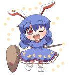  1girl animal_ears blue_dress blue_hair blush crescent_print dress earclip frilled_dress frills full_body hair_between_eyes kine long_hair mallet one_eye_closed open_mouth puffy_short_sleeves puffy_sleeves rabbit_ears red_eyes rokugou_daisuke round_teeth seiran_(touhou) short_sleeves signature smile solo star_(symbol) star_print teeth touhou upper_teeth 