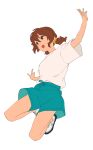  1girl :d bangs blush brown_eyes brown_hair green_shorts hibike!_euphonium highres kamo_kamen kneeling leaning_to_the_side open_mouth oumae_kumiko outstretched_arms scrunchie shirt shoes short_hair short_sleeves shorts simple_background smile sneakers solo t-shirt twintails white_background white_footwear white_shirt 