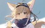  1girl animal_ears antenna_hair arknights black_scarf blonde_hair blue_background breath fox_ears fox_tail goggles goggles_on_head green_eyes kitsune long_hair looking_at_viewer mongarit multicolored_hair multiple_tails official_alternate_costume parted_lips portrait scarf shirt simple_background solo streaked_hair suzuran_(arknights) suzuran_(lostlands_flowering)_(arknights) tail white_hair white_shirt 