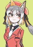  1girl animal_costume animal_ear_fluff animal_ears blazer closed_mouth fox_ears fox_girl grey_hair hat highres island_fox_(kemono_friends) jacket kanmoku-san kemono_friends kemono_friends_v_project long_hair multicolored_hair necktie orange_hair ribbon shirt simple_background twintails virtual_youtuber yellow_eyes 