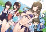  1boy 4girls ahoge aqua_(konosuba) bangs bare_shoulders bikini black_hair blurry blurry_background braid breast_envy breasts brown_eyes brown_hair chibi collarbone covered_navel day flat_chest hair_ornament hand_on_own_chest highres holding innertube kono_subarashii_sekai_ni_shukufuku_wo! lake large_breasts long_hair megumin mishima_kurone multiple_girls navel official_art one-piece_swimsuit open_mouth outdoors parted_lips red_eyes satou_kazuma school_uniform see-through short_hair simple_background sparkle stomach swimsuit thighs water wiz_(konosuba) yunyun_(konosuba) 