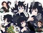  1boy 1girl animal_ear_fluff animal_ears animal_on_arm asymmetrical_clothes bangs bar_censor bird bird_on_arm black_hair blue_eyes bowl breasts cameo cat_ears cat_girl cat_tail censored checkered_clothes chopsticks coat cropped_torso crow demon_slayer_uniform disney earrings eating food genderswap genderswap_(mtf) green_coat hand_up haori holding holding_bowl holding_chopsticks identity_censor japanese_clothes jewelry kamado_tanjirou kanzaburou_(kimetsu_no_yaiba) kemonomimi_mode kimetsu_no_yaiba korean_commentary korean_text large_breasts long_hair long_sleeves low_ponytail multiple_views noodles open_mouth pointing pointing_at_another ponytail profile red_hair scar scar_on_face scar_on_forehead scared short_hair snow_white_(disney) snow_white_and_the_seven_dwarfs speech_bubble surprised tail tail_raised tomioka_giyuu trembling wide-eyed yeobojagiaegi 