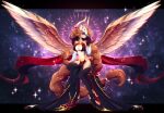  2022 5_fingers anthro breasts brown_hair clothed clothing digital_media_(artwork) equid equine eyebrows eyelashes feathered_wings feathers female fingers hair hi_res koveliana mammal midriff navel pegasus sitting smile wings 