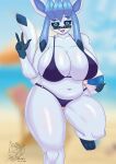  absurd_res anthro ball beach_ball big_breasts blue_body breasts clothing eeveelution female glaceon hi_res inflatable looking_at_viewer nintendo pencilsquire pok&eacute;mon pok&eacute;mon_(species) solo swimwear thick_thighs video_games 